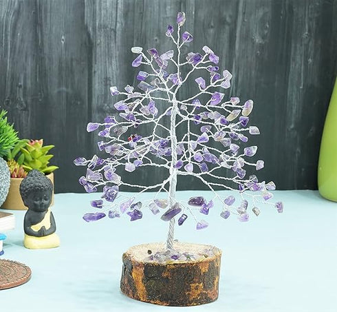Pushkar Amethyst Crystal Tree With Silver Wire And 100 Beads 10-12 Inch